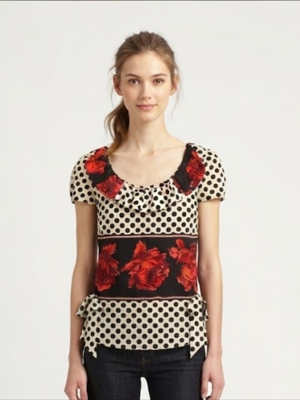 Anthropologie Leifsdottir Black, Cream & Red Polka Dot Floral Ruffle Top Size 0